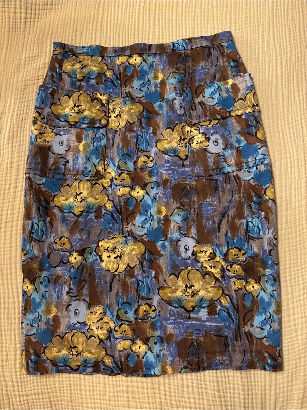 Anthropologie Floral Print Pencil Skirt in Blue, Gold & Brown